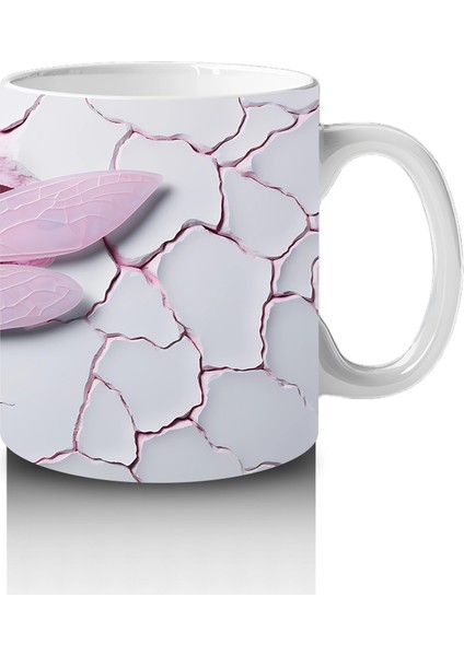 Pembe Kırık Zemin Üzerinde Detaylı Yusufçuk Kanatları - Baskılı Kahve Kupası fırsatları