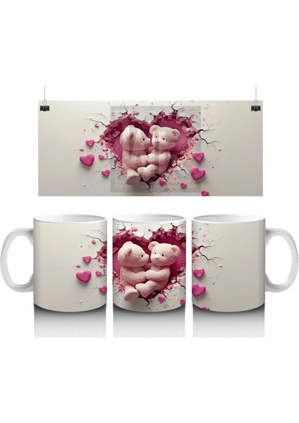 Kalp Şeklinde Peluş Oyuncak Çifti – Baskılı Kahve Kupası