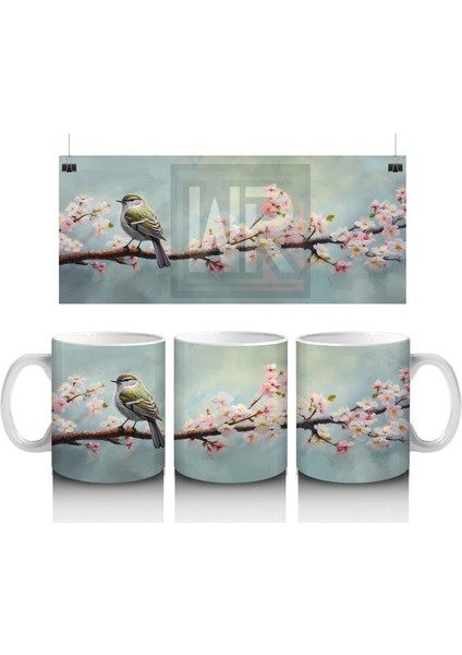 Çiçekli Dal Üzerinde Oturan Serçe – Baskılı Kahve Kupası