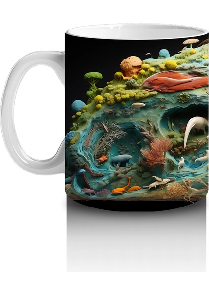 Renkli Canlılarla Dolu Fütüristik Doğa Manzarası - Baskılı Kahve Kupası fiyatları