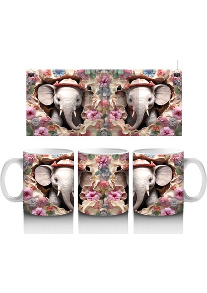 Kırmızı Şapkalı Filler Arasında Çiçekler – Baskılı Kahve Kupası