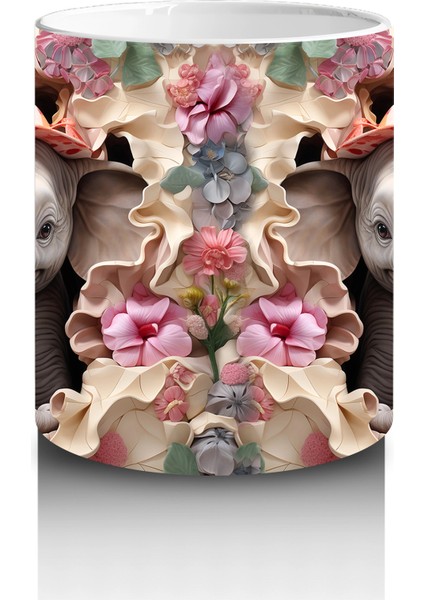 Kırmızı Şapkalı Filler Arasında Çiçekler – Baskılı Kahve Kupası modelleri