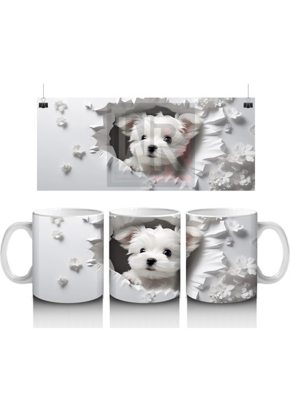 Beyaz Yapraklı Fon Üzerinde Sevimli Yavru – Baskılı Kahve Kupası