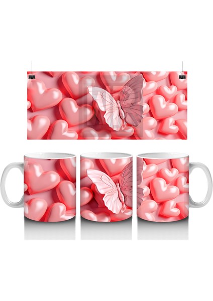 Parlak Pembe Kalplerle Süslenmiş Pembe Kelebek – Baskılı Kahve Kupası