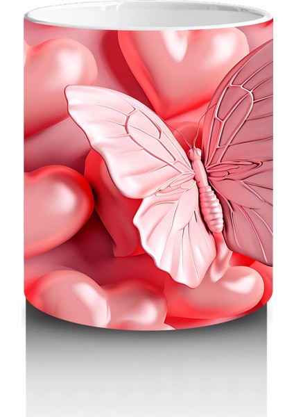 Parlak Pembe Kalplerle Süslenmiş Pembe Kelebek – Baskılı Kahve Kupası modelleri