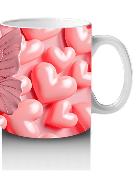Parlak Pembe Kalplerle Süslenmiş Pembe Kelebek – Baskılı Kahve Kupası fırsatları