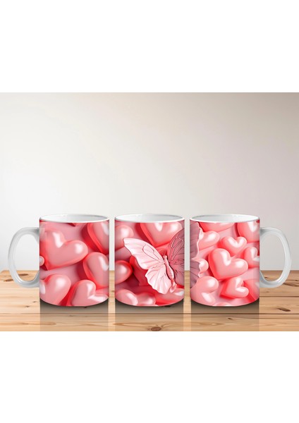 Parlak Pembe Kalplerle Süslenmiş Pembe Kelebek – Baskılı Kahve Kupası indirimleri
