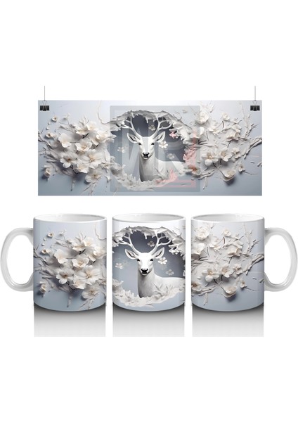 Beyaz Çiçekli Fon Üzerinde Geyik – Baskılı Kahve Kupası