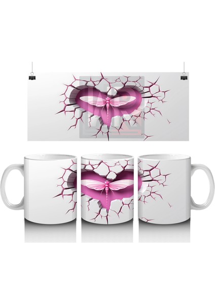 Çatlak Pembe Duvar Üzerinde Kalpli Yusufçuk – Baskılı Kahve Kupası