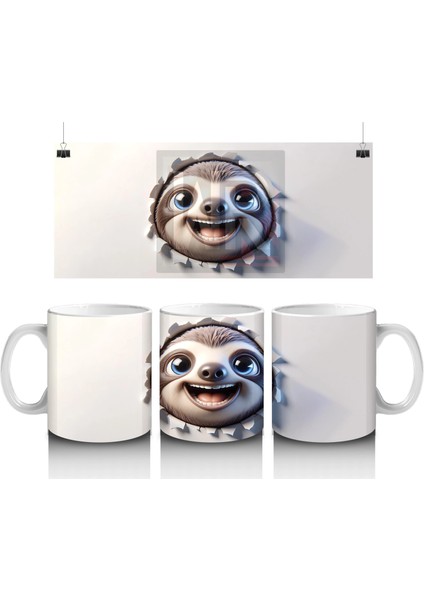 Duvarı Delen Neşeli Tembel Hayvan – 3D Komik Yüzlü Kupa Tasarımı