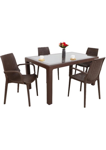 Elit Rattan 90x150 4 kişilik Nirvana Koltuk Camlı Masa Takımı Kahverengi