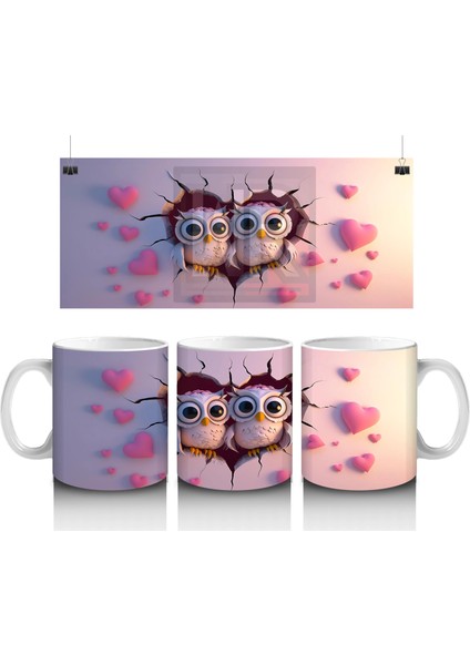 Pembe Kalplerle Süslenmiş Baykuşlar – Baskılı Kahve Kupası