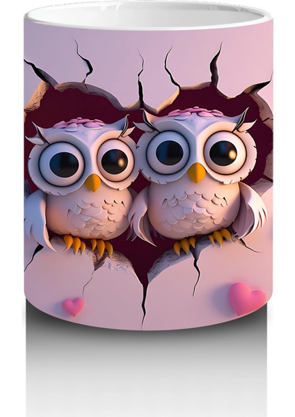 Pembe Kalplerle Süslenmiş Baykuşlar – Baskılı Kahve Kupası modelleri