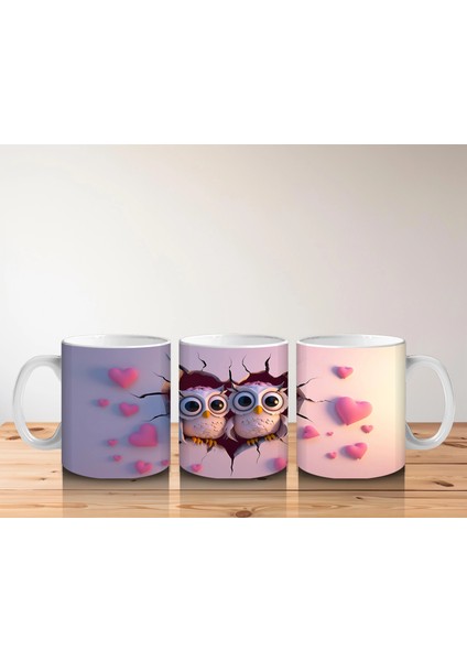 Pembe Kalplerle Süslenmiş Baykuşlar – Baskılı Kahve Kupası indirimleri