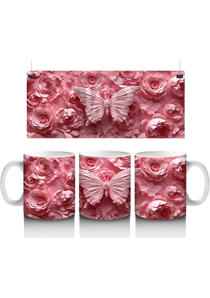 Pembe Güller Arasında Zarif Kelebek – Baskılı Kahve Kupası