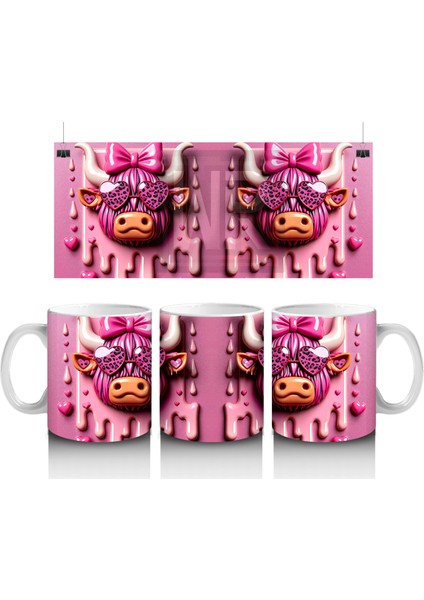 Pembe Kurdeleli Kalpli Gözlüklü Inek Tasarımı - Baskılı Kahve Kupası