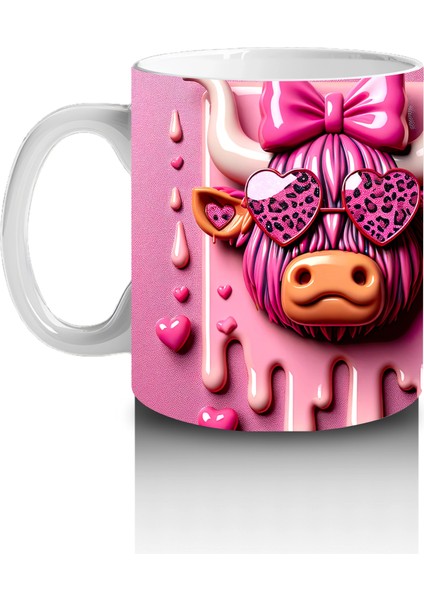 Pembe Kurdeleli Kalpli Gözlüklü Inek Tasarımı - Baskılı Kahve Kupası fiyatları
