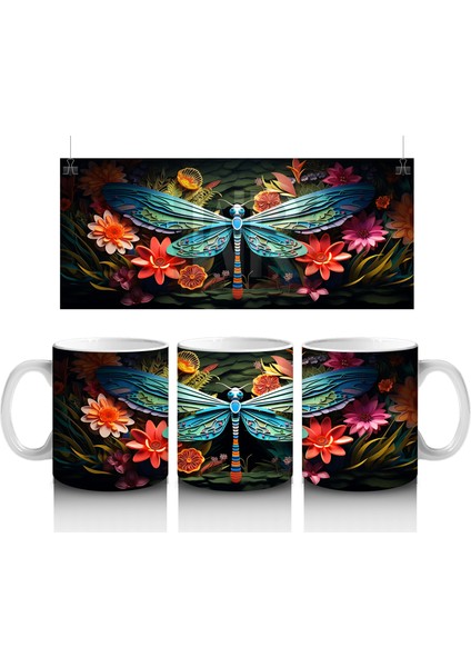 Renkli Çiçekler ve Dev Yusufçuk Armonisi – Baskılı Kahve Kupası