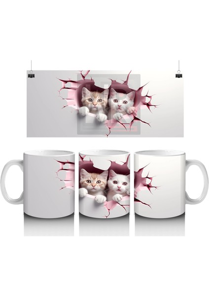 Pembe Çatlak Duvar Arasından Bakan Iki Yavru Kedi - Baskılı Kahve Kupası