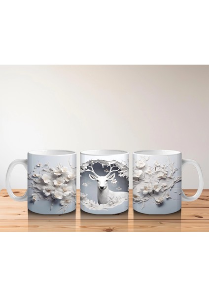 Beyaz Çiçekli Fon Üzerinde Geyik – Baskılı Kahve Kupası indirimleri