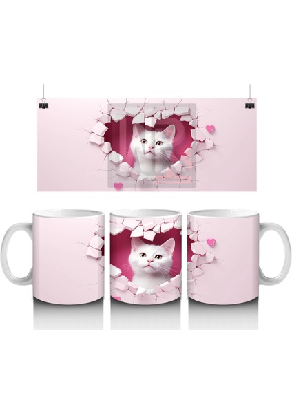 Kalpli Duvar Arasında Beyaz Kedi Yavrusu – Baskılı Kahve Kupası