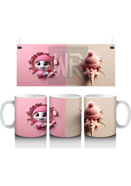 Tatlı Gülümsemeli Sevimli Pembe Dinozor Yavrusu (Çift Açı) - Baskılı Kahve Kupası