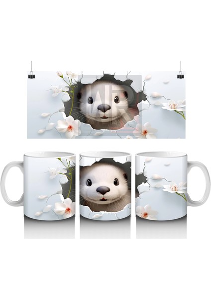 Pembe Çiçekli Fon Üzerinde Su Samuru – Baskılı Kahve Kupası