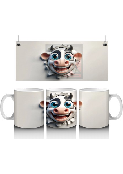Duvarı Delen Gülümseyen Karikatür Inek Figürü - Baskılı Kahve Kupası