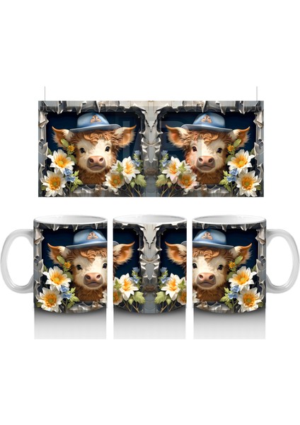 Şapkalı Çiçekli Sevimli Inek Illüstrasyonu - Baskılı Kahve Kupası