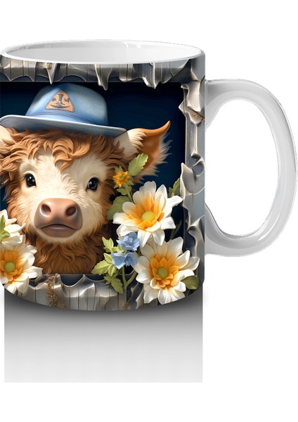 Şapkalı Çiçekli Sevimli Inek Illüstrasyonu - Baskılı Kahve Kupası fırsatları