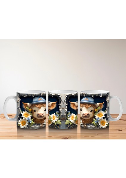 Şapkalı Çiçekli Sevimli Inek Illüstrasyonu - Baskılı Kahve Kupası indirimleri
