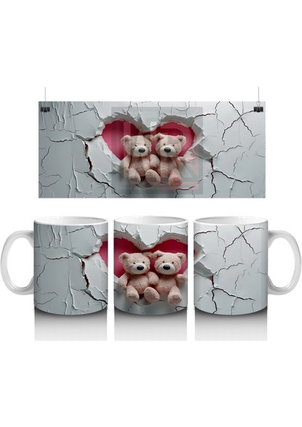 Çatlak Duvar Önünde Peluş Ayı Kardeşler – Baskılı Kahve Kupası