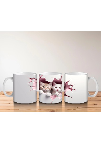 Pembe Çatlak Duvar Arasından Bakan Iki Yavru Kedi - Baskılı Kahve Kupası indirimleri