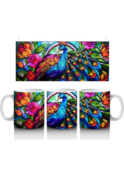 Renkli Tüy Desenli Tavus Kuşu – Baskılı Kahve Kupası