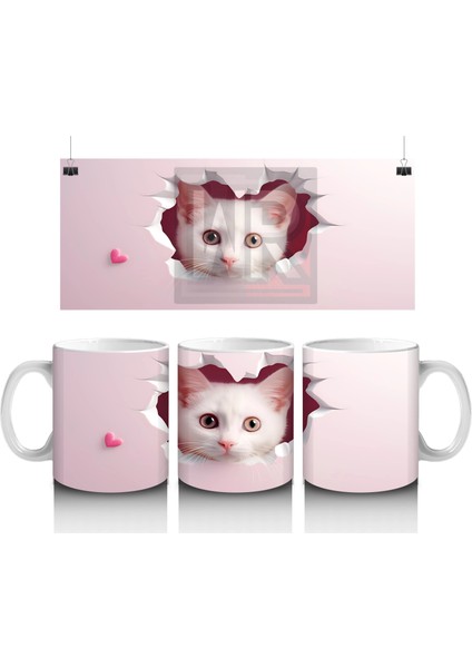 Pembe Kalplerle Süslenmiş Sevimli Kedi – Baskılı Kahve Kupası