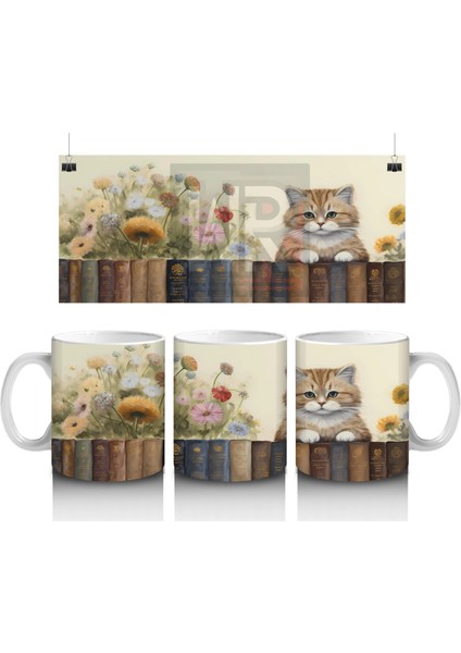 Çiçekler Arasında Kitaplık Üzerine Oturmuş Kedi - Baskılı Kahve