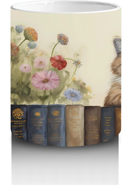 Çiçekler Arasında Kitaplık Üzerine Oturmuş Kedi - Baskılı Kahve modelleri