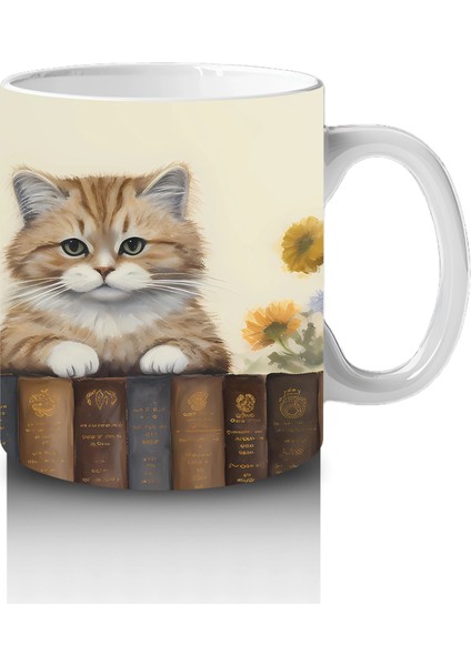 Çiçekler Arasında Kitaplık Üzerine Oturmuş Kedi - Baskılı Kahve fırsatları