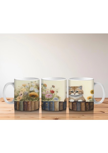 Çiçekler Arasında Kitaplık Üzerine Oturmuş Kedi - Baskılı Kahve indirimleri