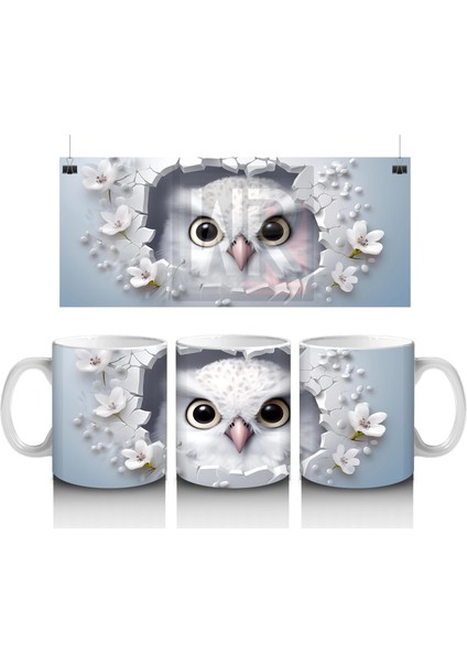 Beyaz Çiçeklerle Çevrelenmiş Tatlı Baykuş – Baskılı Kahve Kupası