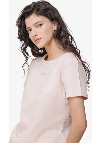 Kadın Rhinestones Ss T-Shirt - Pembe indirimleri