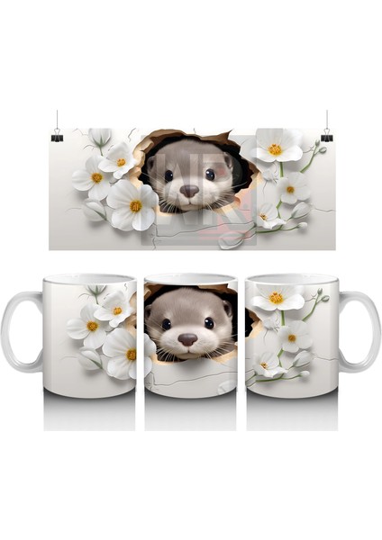 Beyaz Çiçeklerle Süslenmiş Tatlı Su Samuru – Baskılı Kahve Kupası