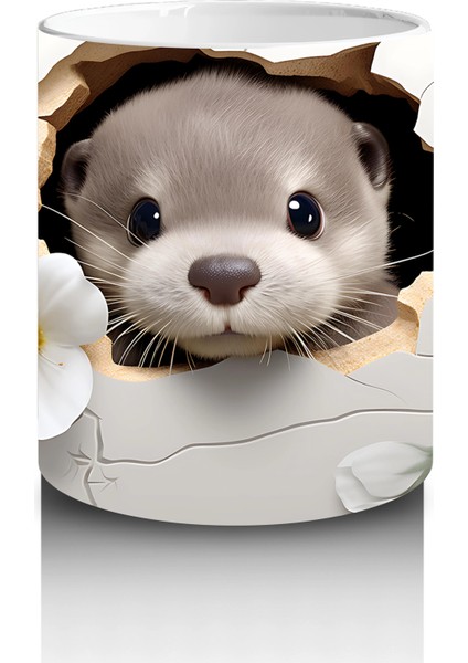 Beyaz Çiçeklerle Süslenmiş Tatlı Su Samuru – Baskılı Kahve Kupası modelleri