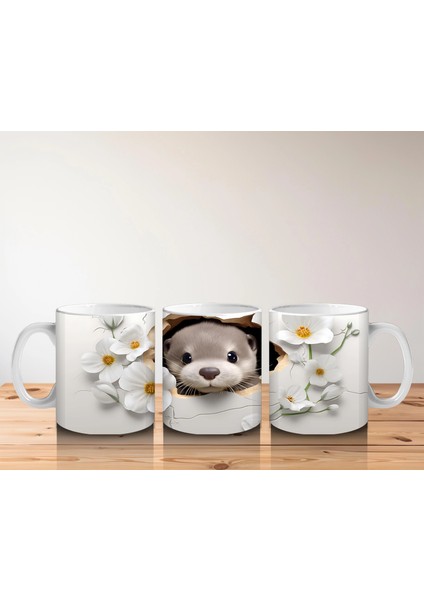 Beyaz Çiçeklerle Süslenmiş Tatlı Su Samuru – Baskılı Kahve Kupası indirimleri