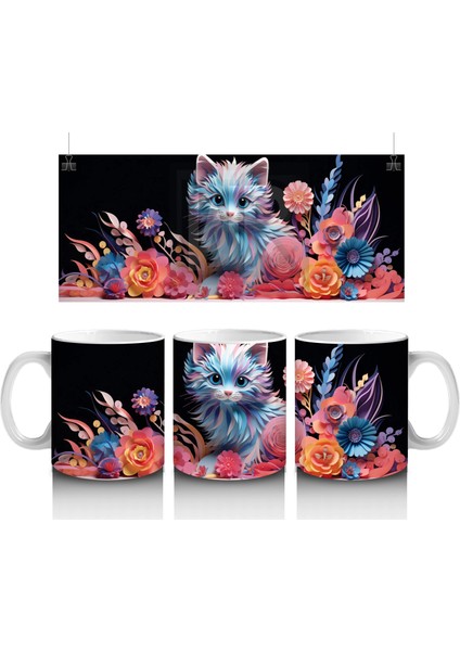 Renkli Çiçekler Arasında Büyüleyici Kedi – Baskılı Kahve Kupası
