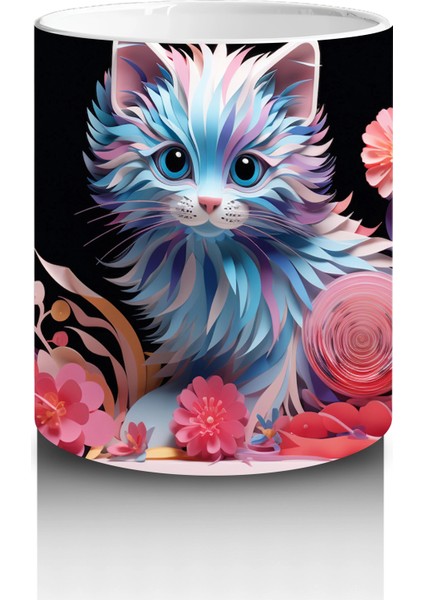 Renkli Çiçekler Arasında Büyüleyici Kedi – Baskılı Kahve Kupası modelleri