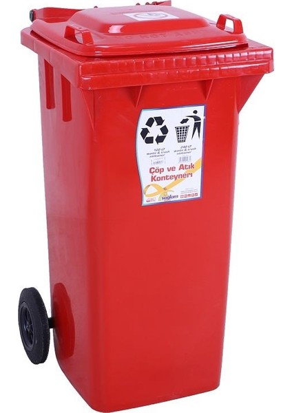 Plastik Çöp ve Atık Konteyneri 120 Lt Tekerlekli Orjinal Kırmızı