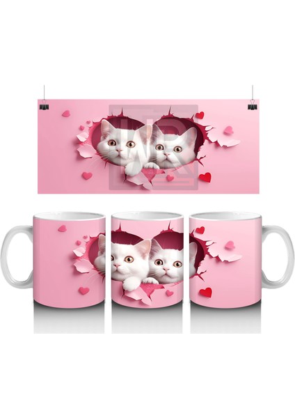 Kalp Çatlağından Bakan Ikiz Sevimli Beyaz Kedi – Baskılı Kahve Kupası