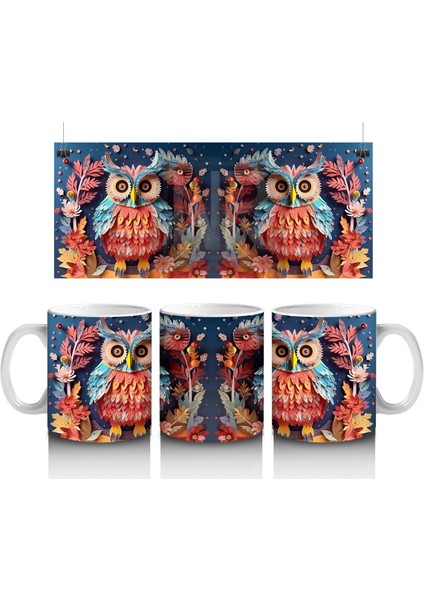 Renkli Çiçekler Arasında Ikiz Baykuşlar – Baskılı Kahve Kupası