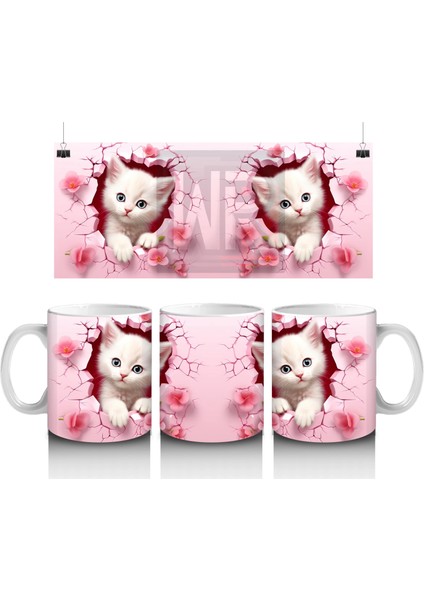 Pembe Çiçekli Arka Planda Sevimli Kedi Çifti - Baskılı Kahve Kupası